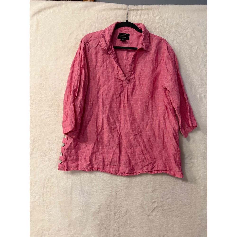 Tahari Linen Tunic Top Womens 1X Pink 3/4 Sleeve Side Button V-Neck Blouse